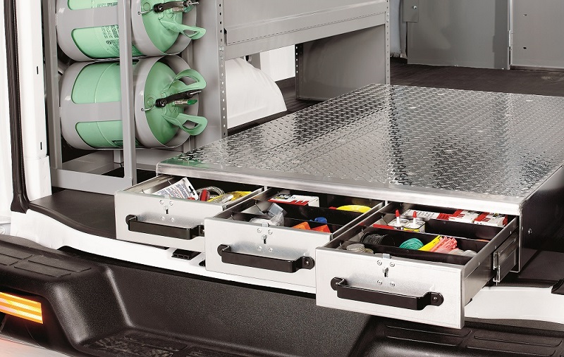 Compartment Shelving with Removable Bins for High Roof Vans