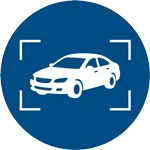 Alpr-car | Safe Fleet | Safe Fleet Icon of a White Car Inside a Blue Circular Button with Focus Brackets, Likely a Vehicle Search Action