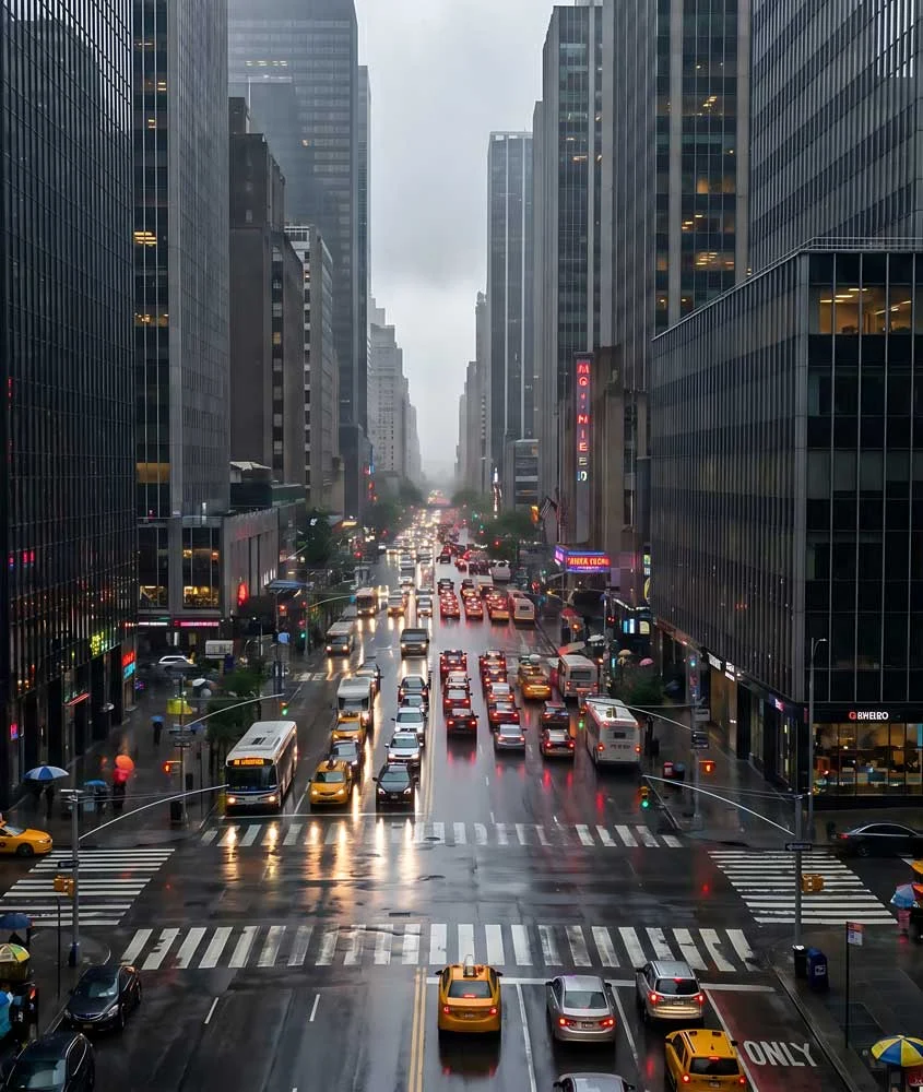 Driving-the-future-of-transit-safety-transit-solutions | Safe Fleet Rainy Downtown Street with Tall Glass Buildings, Heavy Traffic, and Reflections on Wet Pavement.