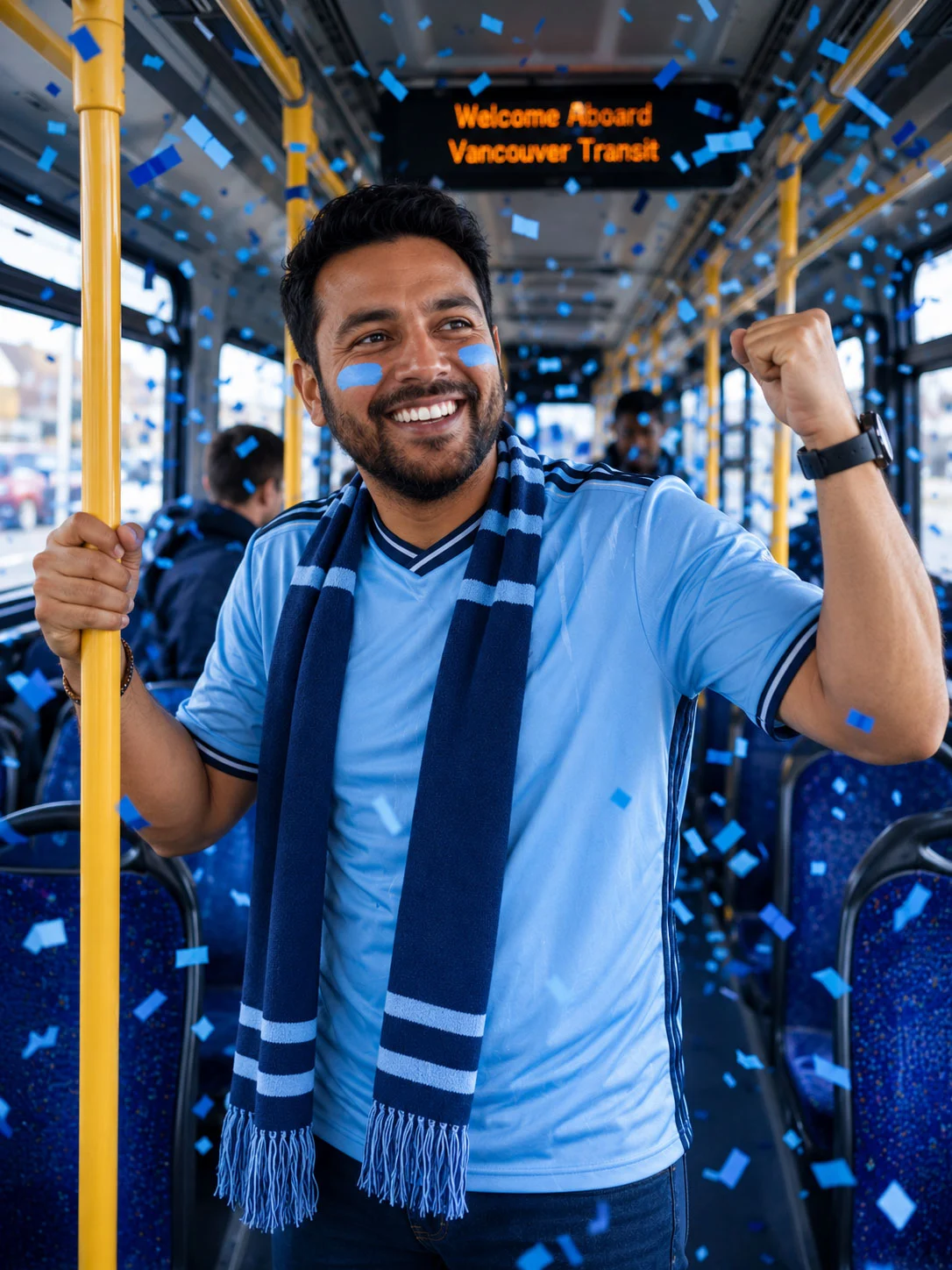 Fifa-transit-solutions-2 | Safe Fleet Smiling Man on a Bus Holding a Yellow Handrail, Blue Scarf and Confetti in the Air, Sign Says Welcome Aboard Vancouver Transit.