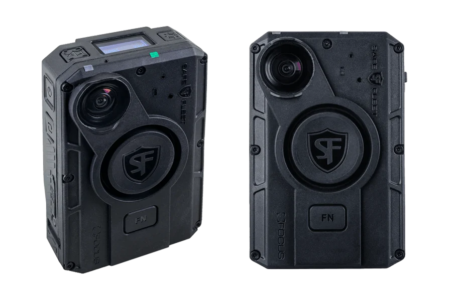 Two Rugged Black Body Cameras with Circular Lens and Sf Shield Logo Side by Side, Front and Back Views Visible.