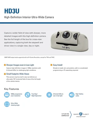 Hd3u High-definition Interior Ultra-wide Camera on a Brochure Page, with Model Name and Features Like Low-light Sharp Images and Easy Install Mentioned.
