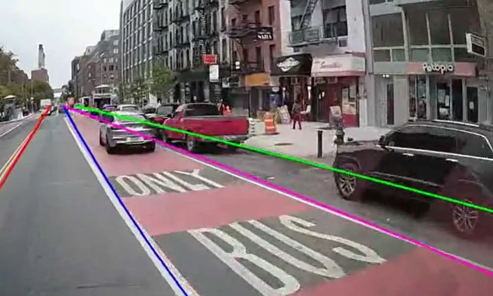 City Street with Parked and Moving Cars; Colored Lines Show Possible Driving Lanes and Paths.