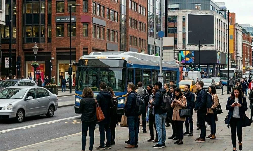 How-host-cities-keep-bus-routes-moving-for-fifa-world-cup-2026-5 | Safe Fleet Group of Pedestrians and Commuters Waiting at a Bus Stop As a Blue City Bus Stops on a Busy Urban Street with Brick Buildings in the Background.