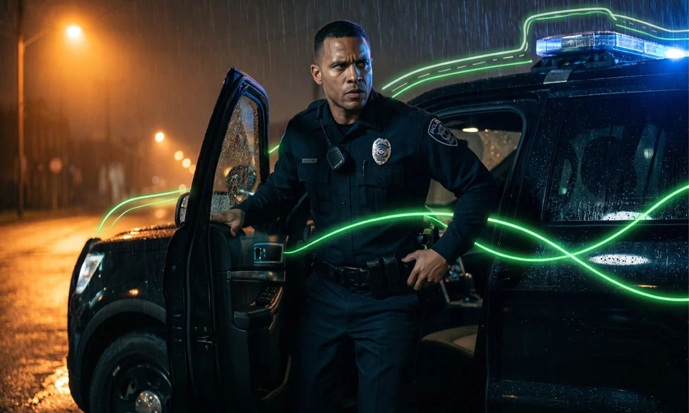 Law-enforcement-blog-2 | Safe Fleet | Safe Fleet Police Officer Exits a Dark Suv at Night in the Rain, Neon Green Light Trails Looping Around the Scene.
