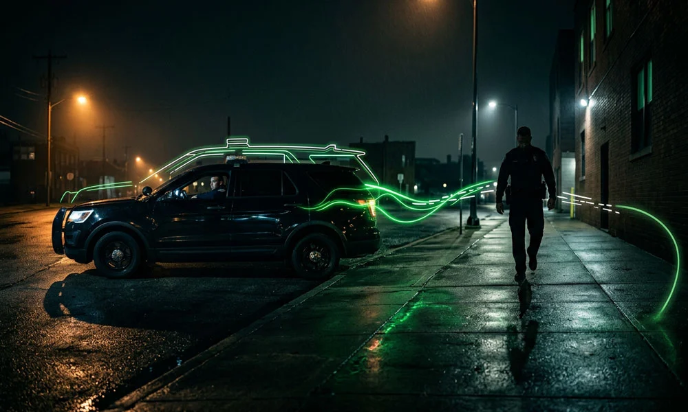 Nighttime urban street with a dark SUV parked on the curb; neon green light trails arc around the vehicle and a man walks along the wet sidewalk.