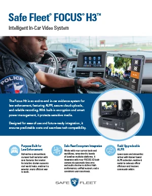 Safe Fleet Focus H3 In-car Video System for Law Enforcement; Police Officer in a Patrol Car Using Dashboard Screens and a Body Camera Setup.