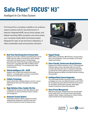 Brochure Page for Safe Fleet Focus H3 In-car Video System, Showing the Unit with Cameras and Feature Bullets.