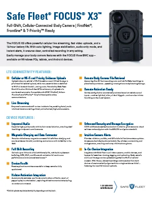 Le-focus-x3-spec-sheet-1 | Safe Fleet | Safe Fleet Product Sheet for Safe Fleet Focus X3, a Rugged Body‑worn Connected Camera, with a Device Image and Key Features.