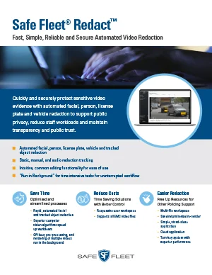 Flyer for Safe Fleet Redact—fast, Simple, Reliable Automated Video Redaction, with a Laptop Image and Feature Bullets in Blue Tones.
